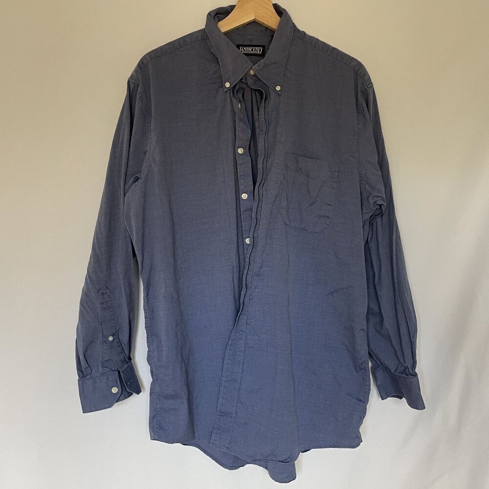 Lands' End blue long sleeved button down business casual shirt size 17-34 cotton